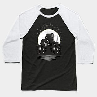 black tshirt design buildings moonlight sparkling stars decor Baseball T-Shirt